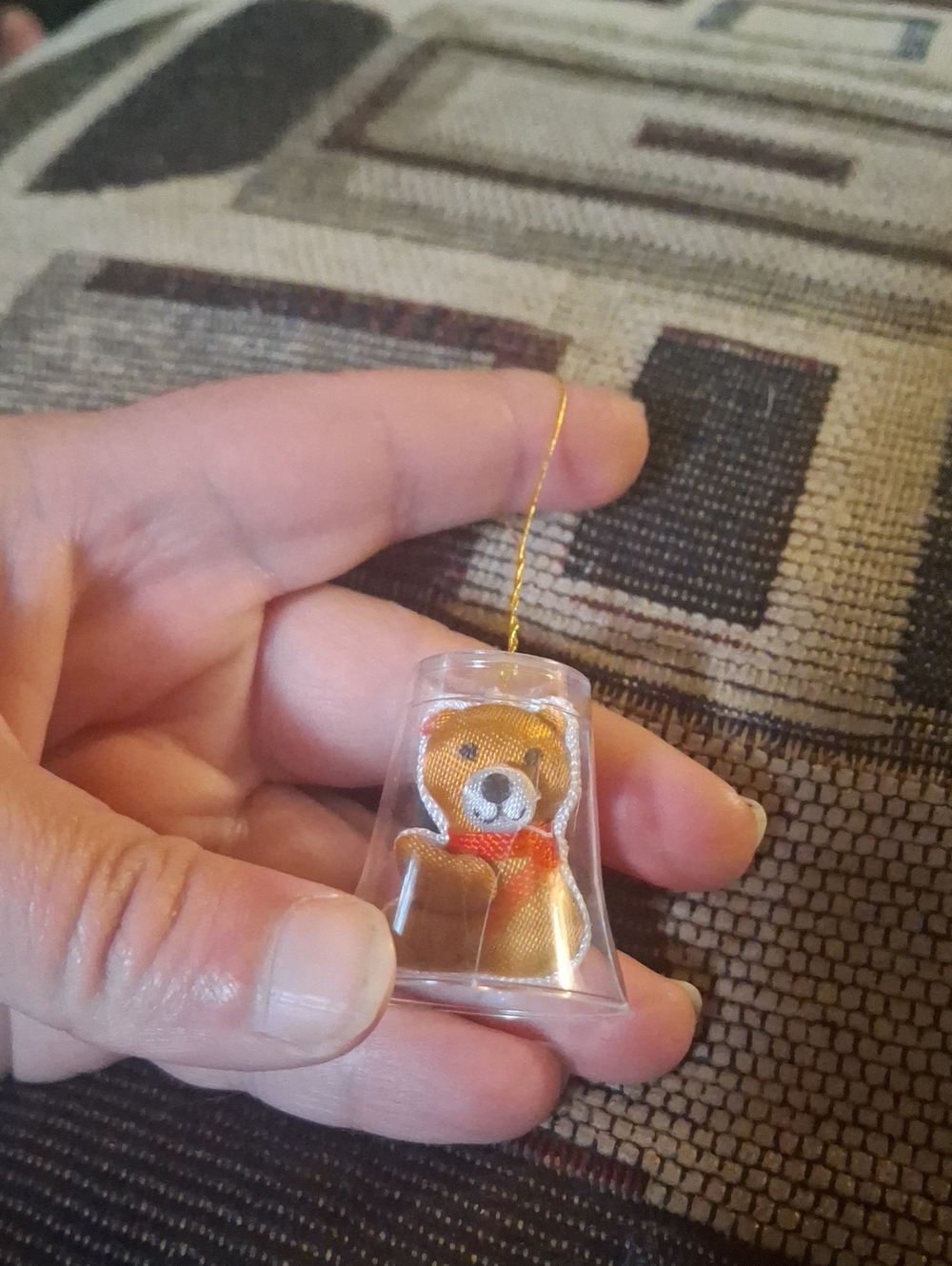 Gold Teddy Bear Ornament with Red Scarf Bell